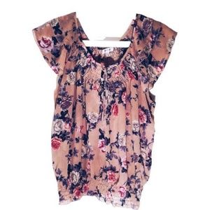 Cream/Tan Floral Smocked Ruffle Blouse - XL